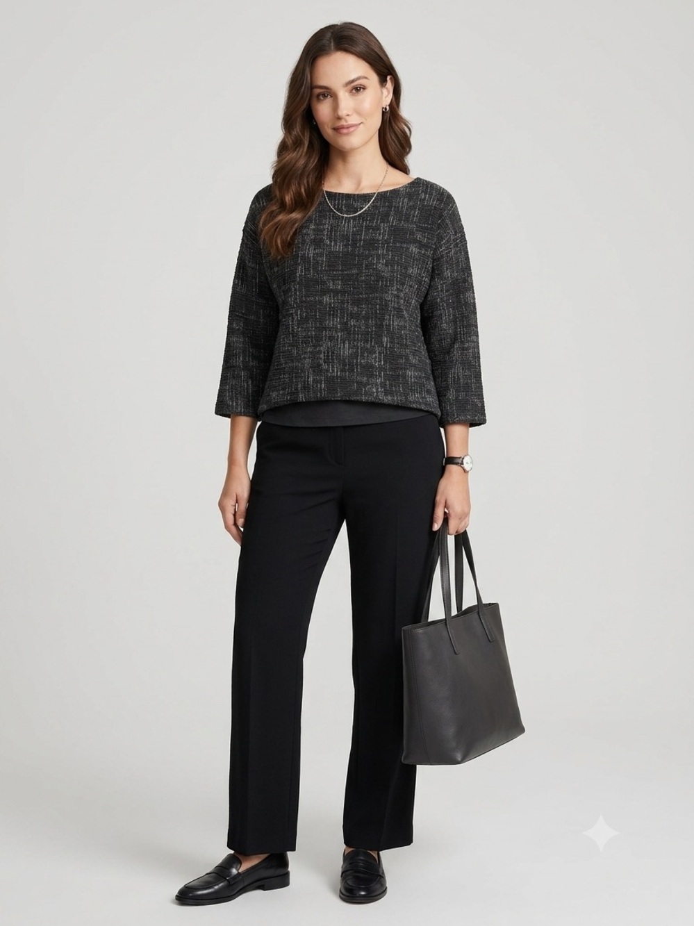 Eileen Fisher Petite Medium PM Black Grey Textured Puckered Knit Boatneck Top